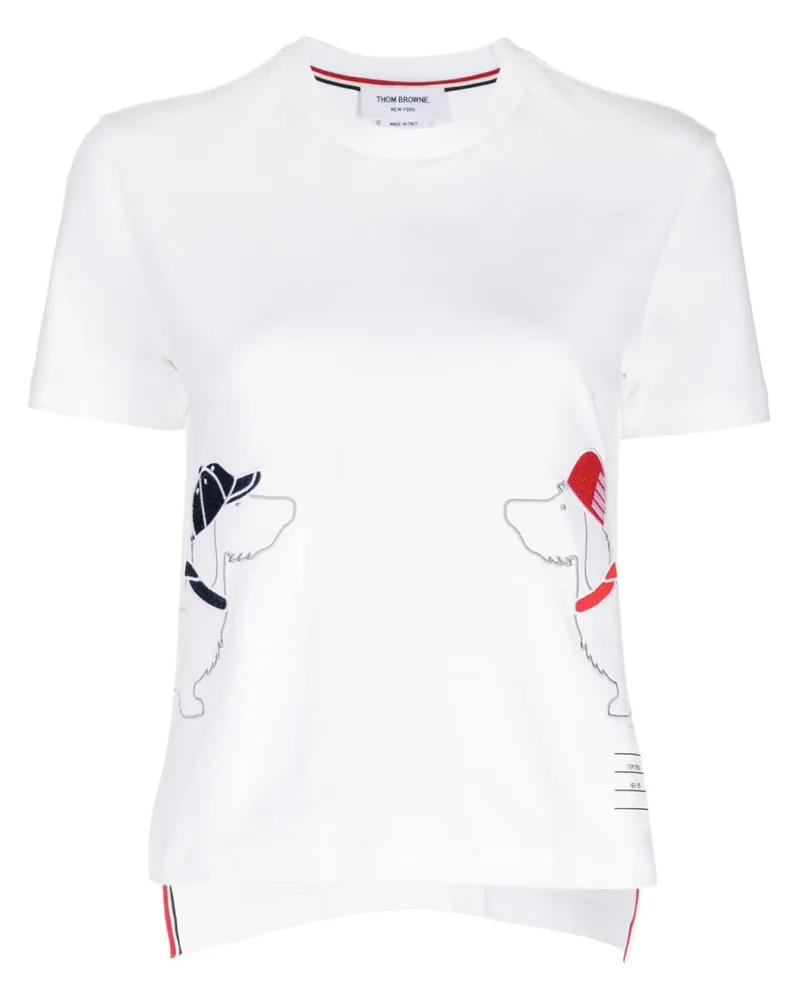Thom Browne Gestreiftes T-Shirt mit Hundestickerei - Weiß Weiß