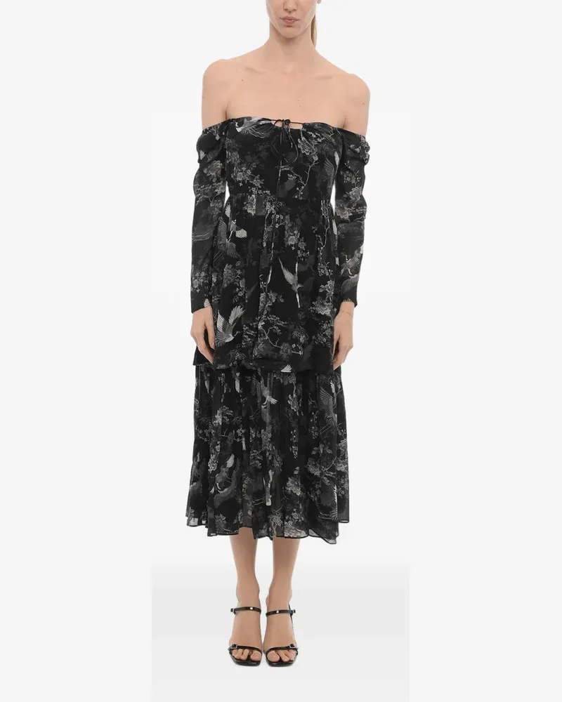 AllSaints Devyn Peggy off-the-shoulder floral-print midi dress - Schwarz Schwarz