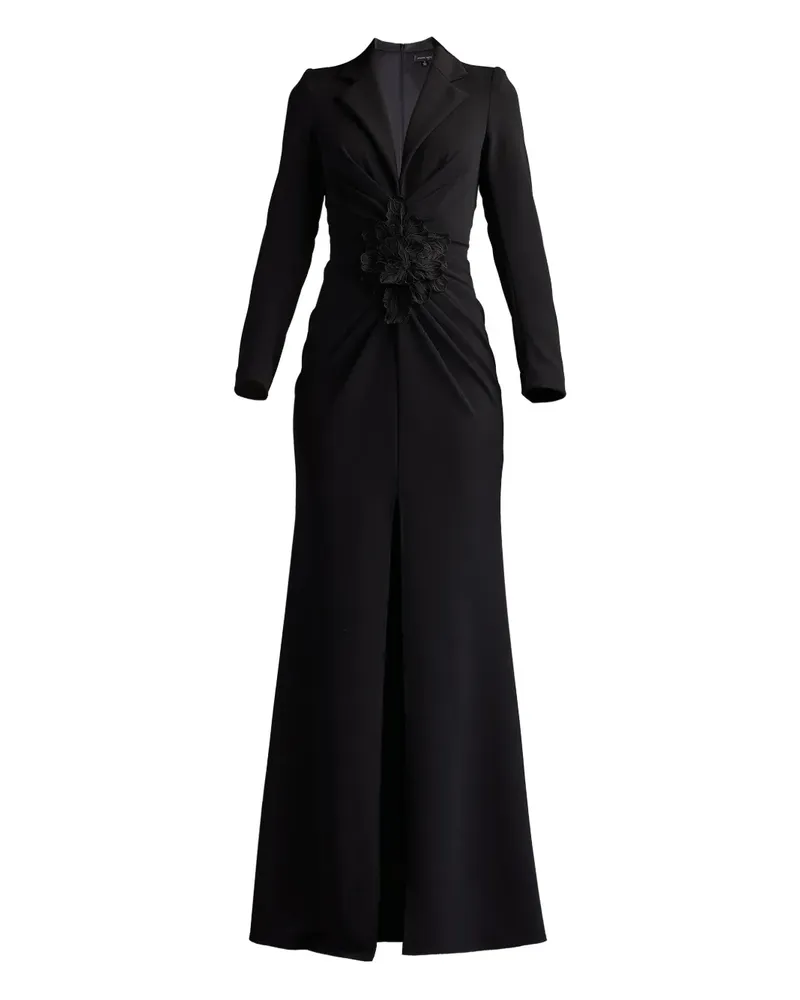 Tadashi Shoji Blumenverziertes Abendkleid mit V-Ausschnitt - Schwarz Schwarz