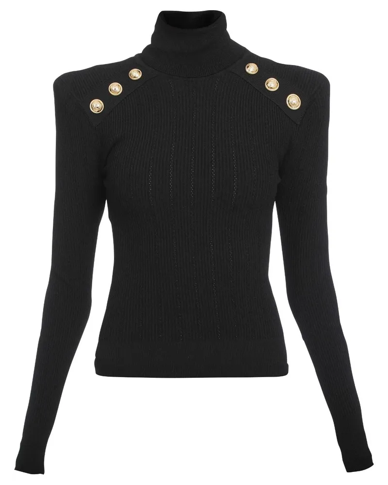 Balmain Rollkragenpullover mit Zierknöpfen Schwarz