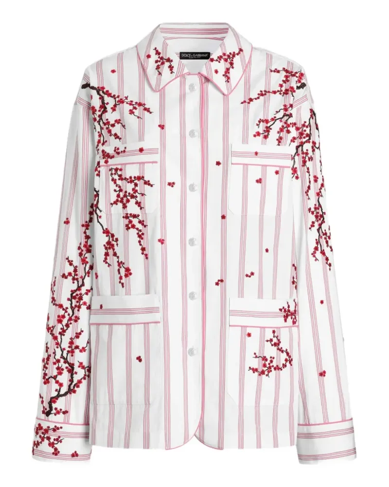 Dolce & Gabbana Gestreiftes Hemd mit Blumenstickerei - Weiß Weiß
