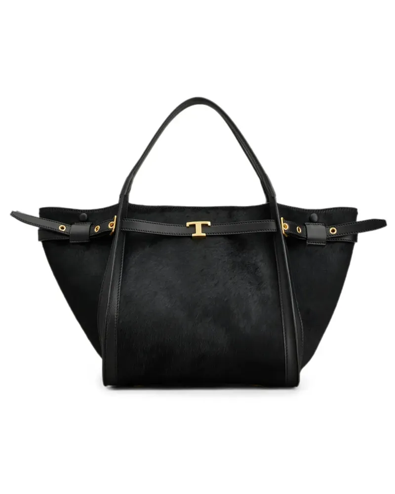 TOD'S T Signature Einkaufstasche aus Leder mit Pony-Effekt klein - Schwarz Schwarz