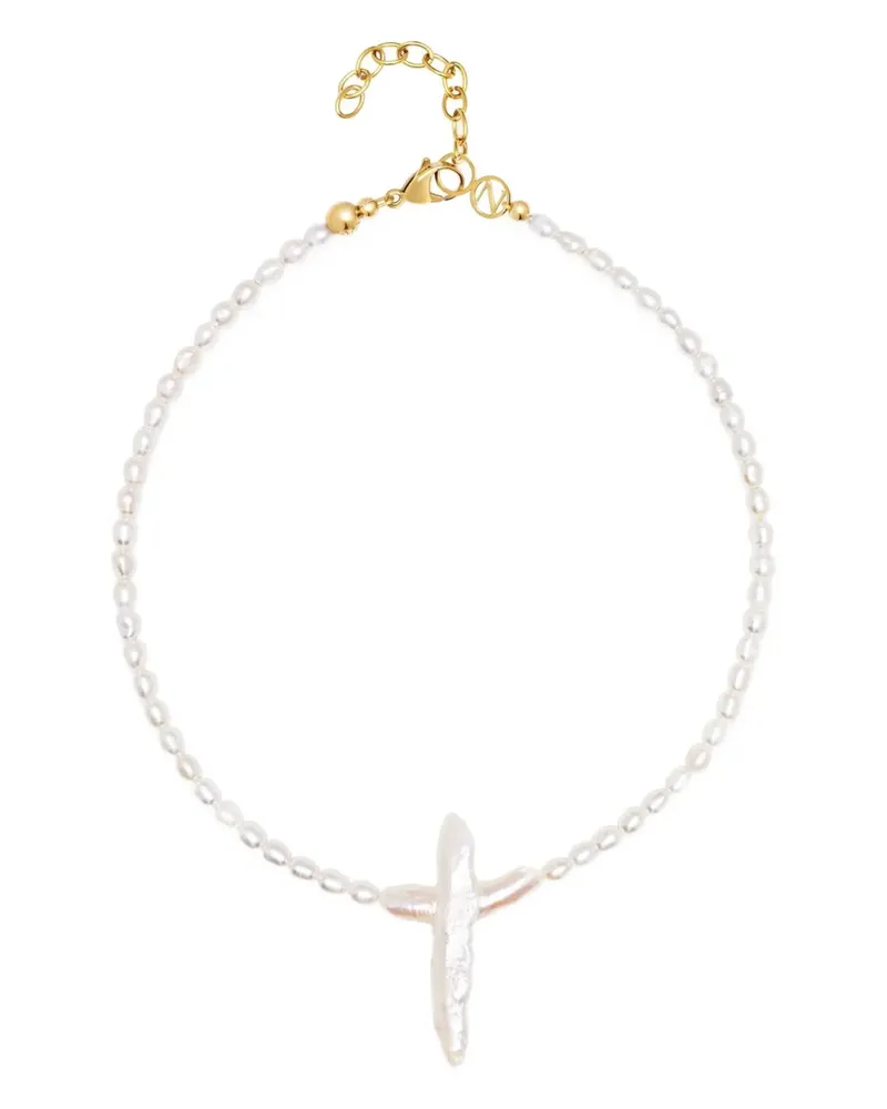 Nialaya Pearl Cross Choker - Weiß Weiß