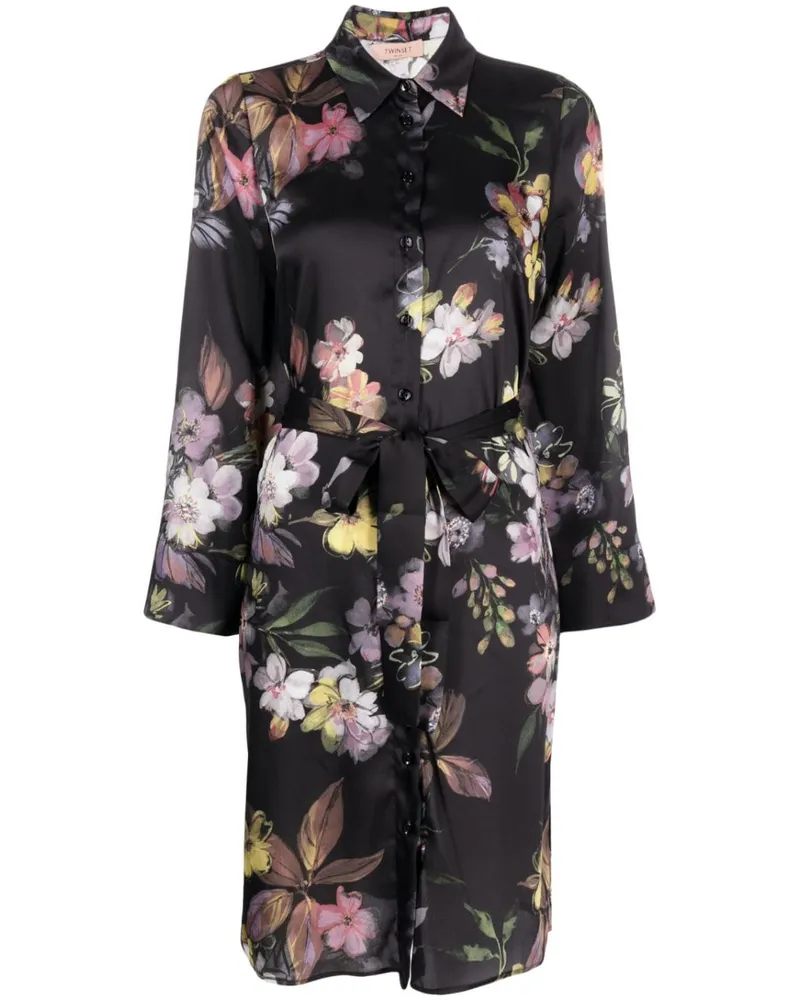 Twin-Set Hemdkleid mit Blumen-Print - Schwarz Schwarz