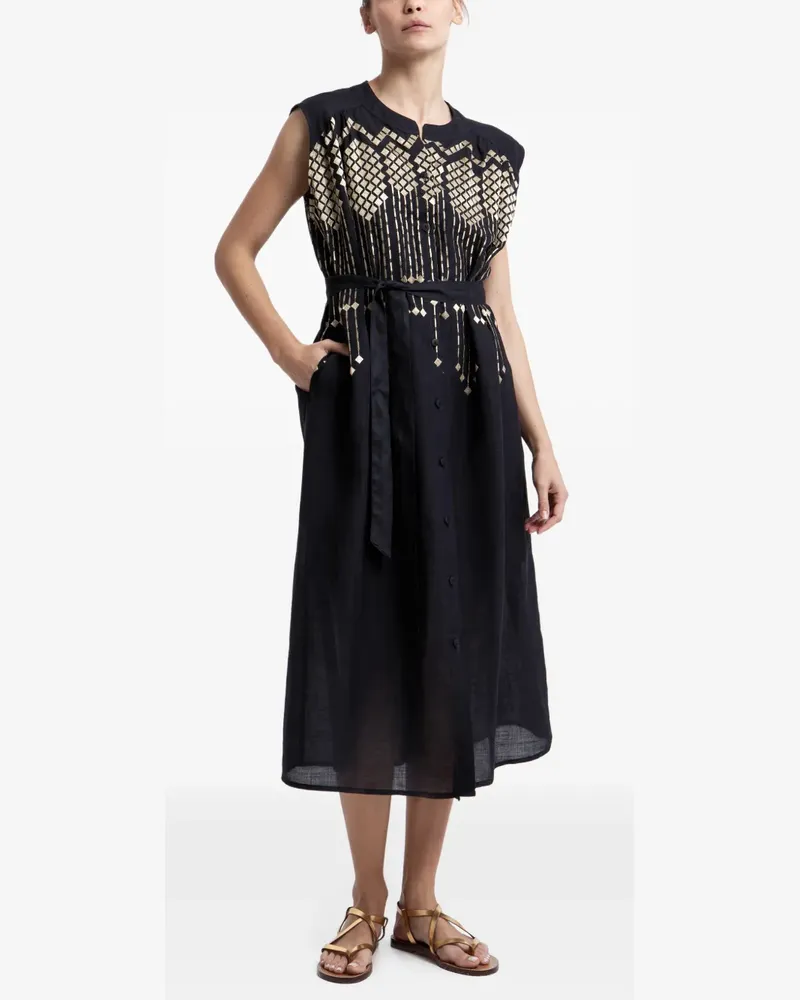 Greek Archaic Kori embroidered belted dress - Schwarz Schwarz