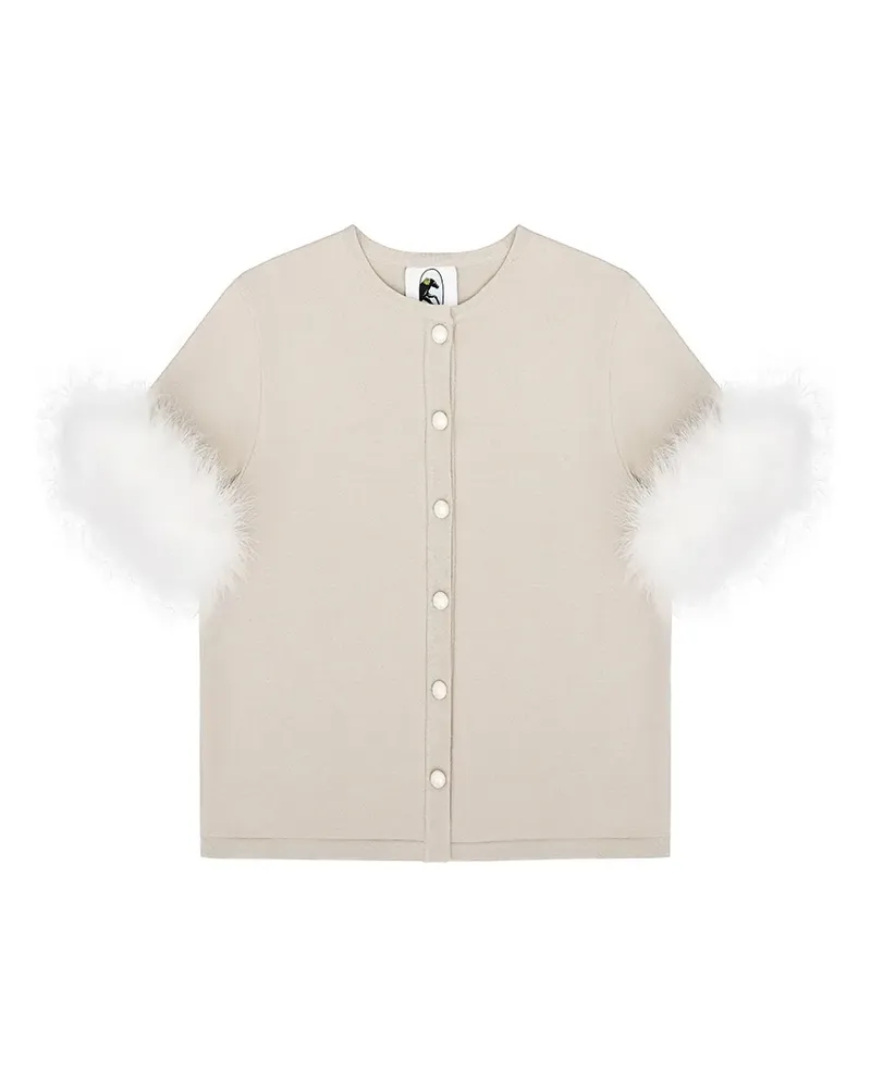 SLEEPER Miss Kitty Short Sleeve Cardigan with Detachable Feathers in Beige - Nude Nude