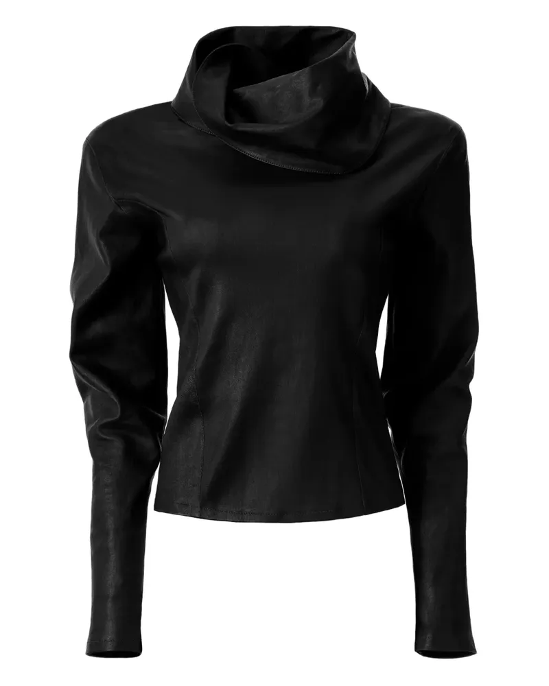 ALMAZ Lederbluse mit Wasserfallkragen - Schwarz Schwarz