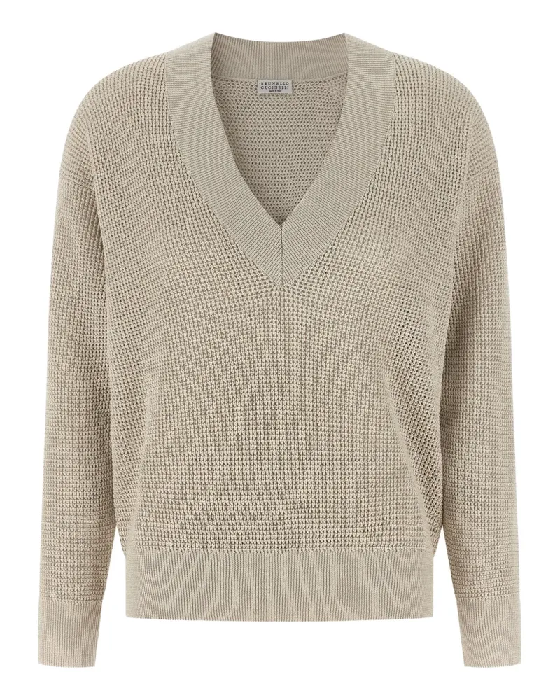 Brunello Cucinelli openwork V-neck sweater - Nude Nude