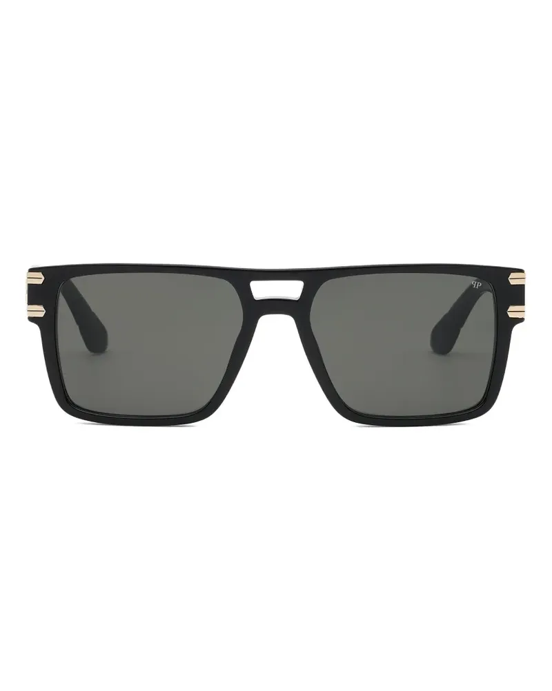 Philipp Plein Eckige Sonnenbrille mit Logo-Schild - Schwarz Schwarz