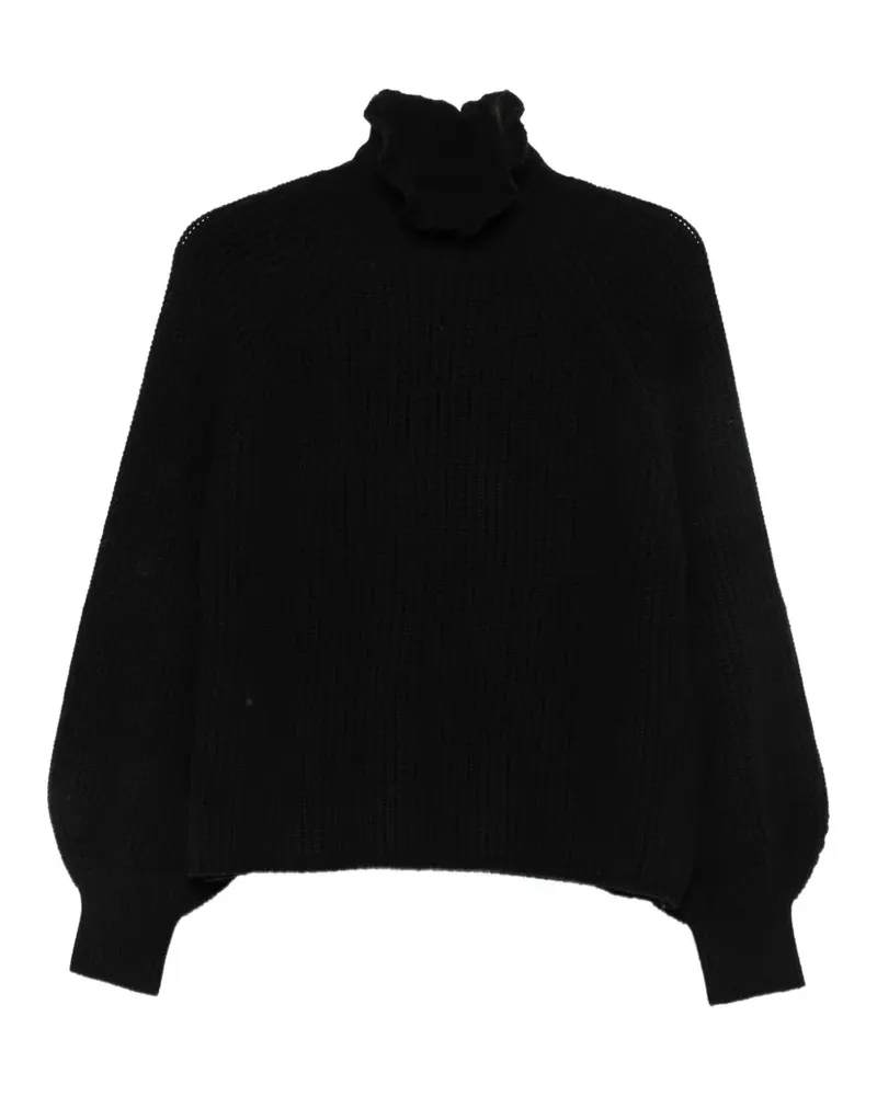 Max Mara Gerippter Strickpullover mit Rüschenbesatz - Schwarz Schwarz