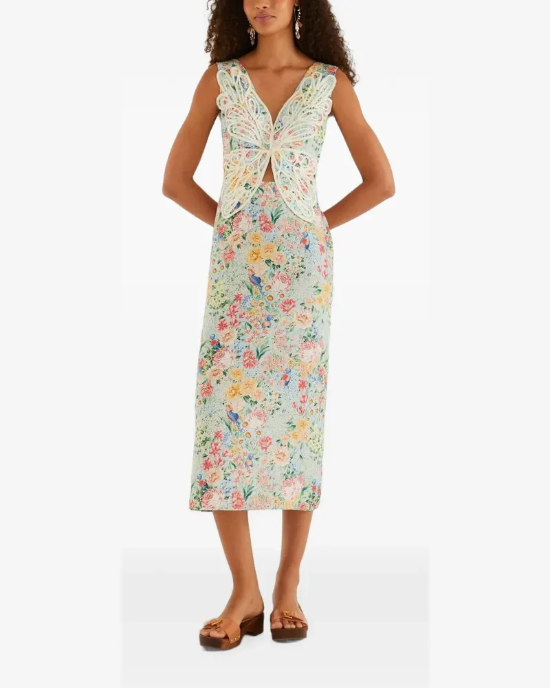 FARM Rio Rendeira butterfly-appliqué floral-print midi dress - Blau Blau