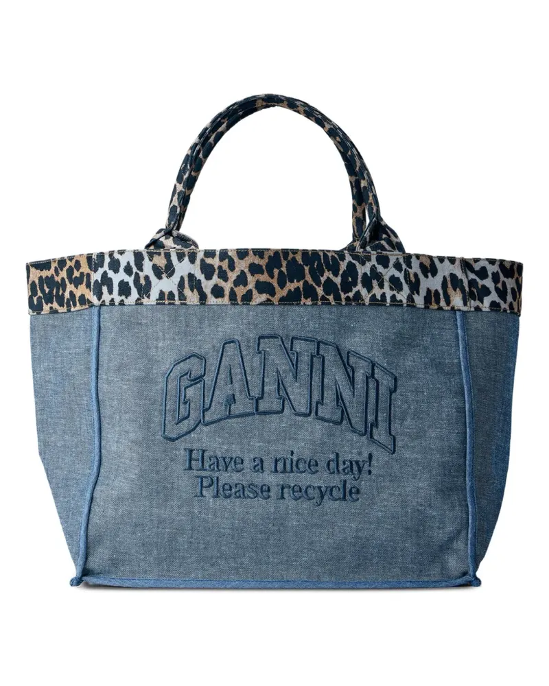 Ganni Bestickter Jeans-Tote Bag mit Animal-Print - Blau Blau