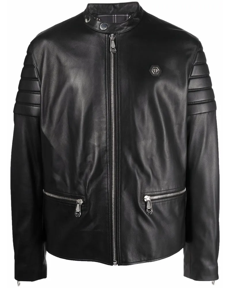 Philipp Plein Bikerjacke mit Dobermann-Print - Schwarz Schwarz