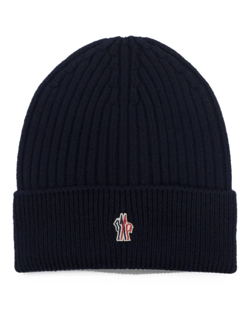 Moncler logo-patch ribbed-knit beanie hat - Blau Blau