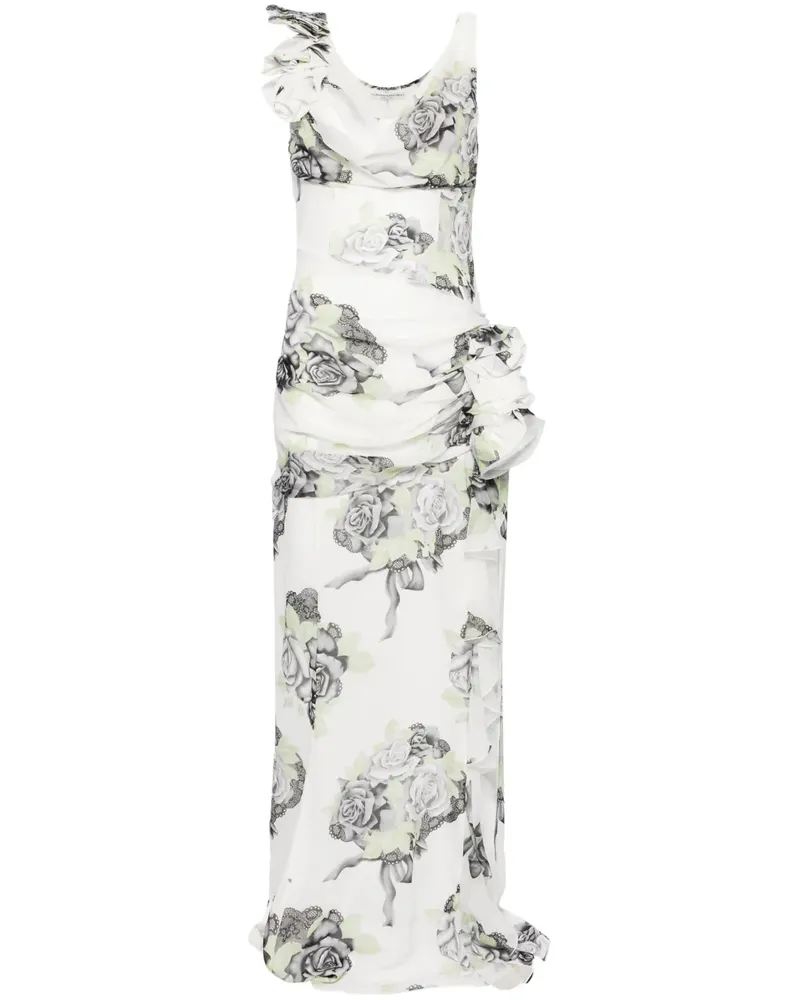 Alessandra Rich Seidenrobe mit Rosen-Print - Weiß Weiß