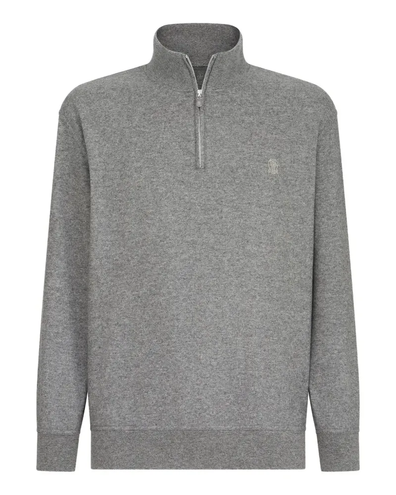 Brunello Cucinelli Pullover aus Kaschmirjersey mit kurzem Reißverschluss und Logo-Stickerei - Grau Grau