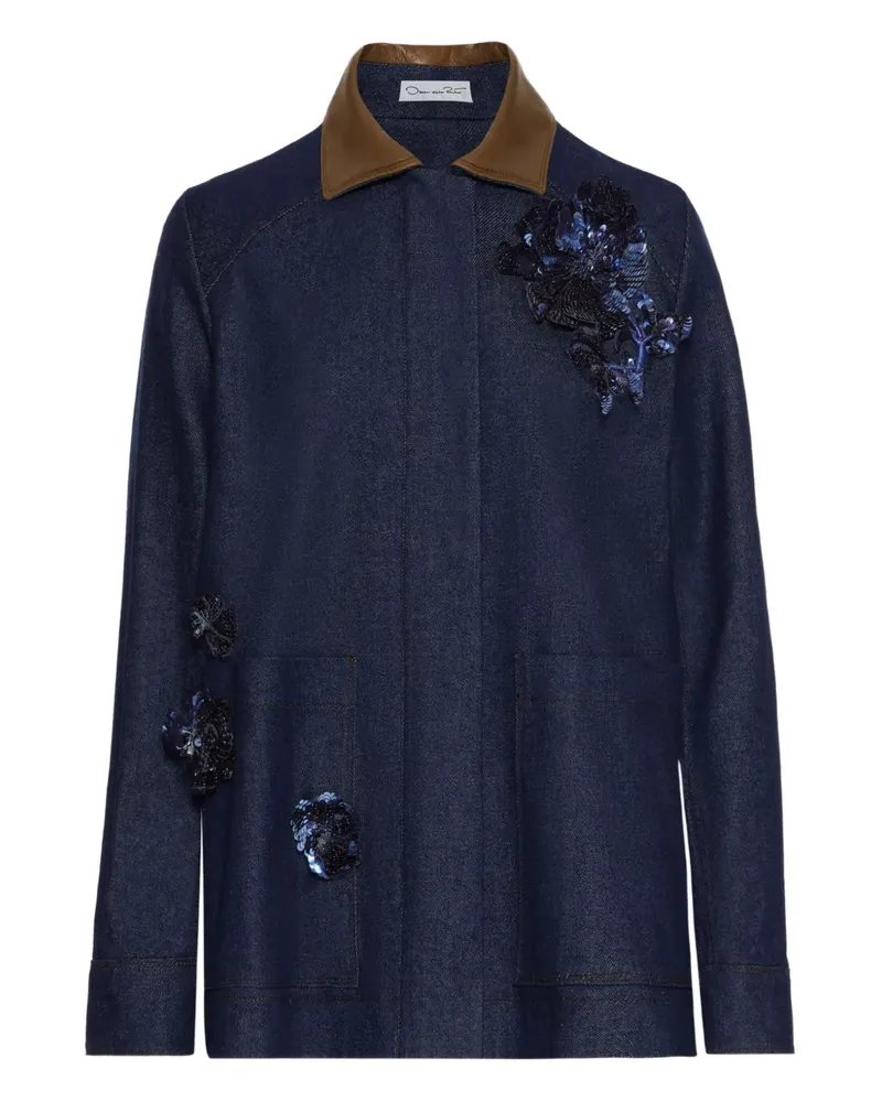 Oscar de la Renta Pailletten-Jeansjacke mit Lederkragen - Blau Blau