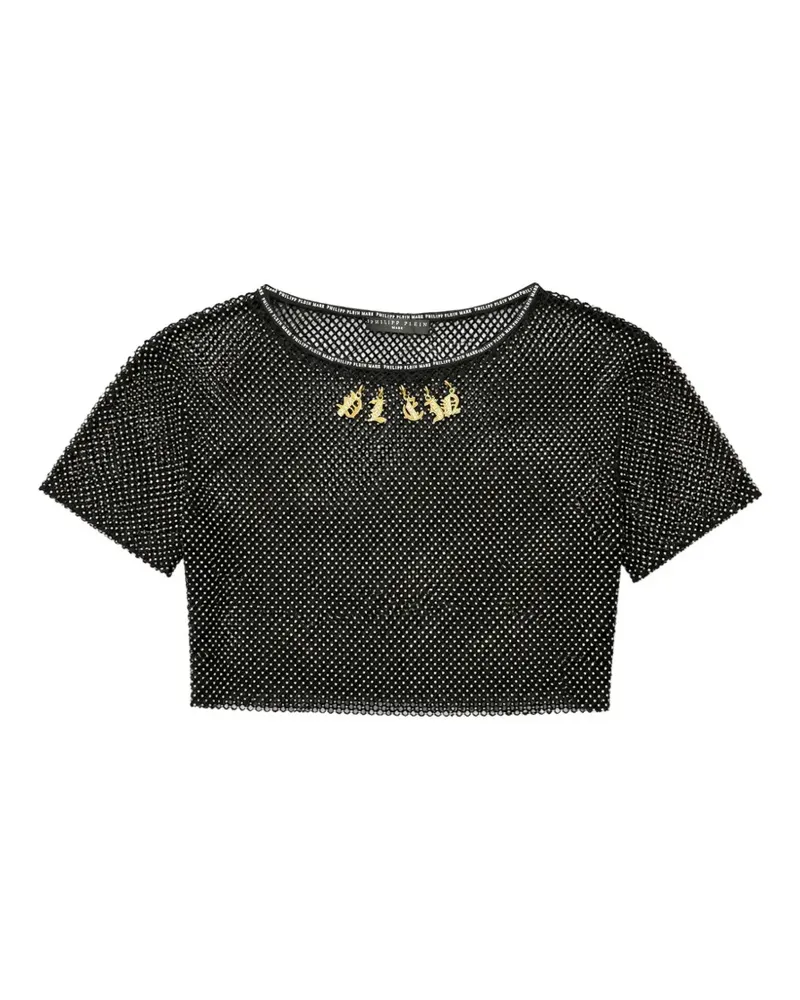 Philipp Plein Mesh-Cropped-Top mit Kristallanhängern - Schwarz Schwarz