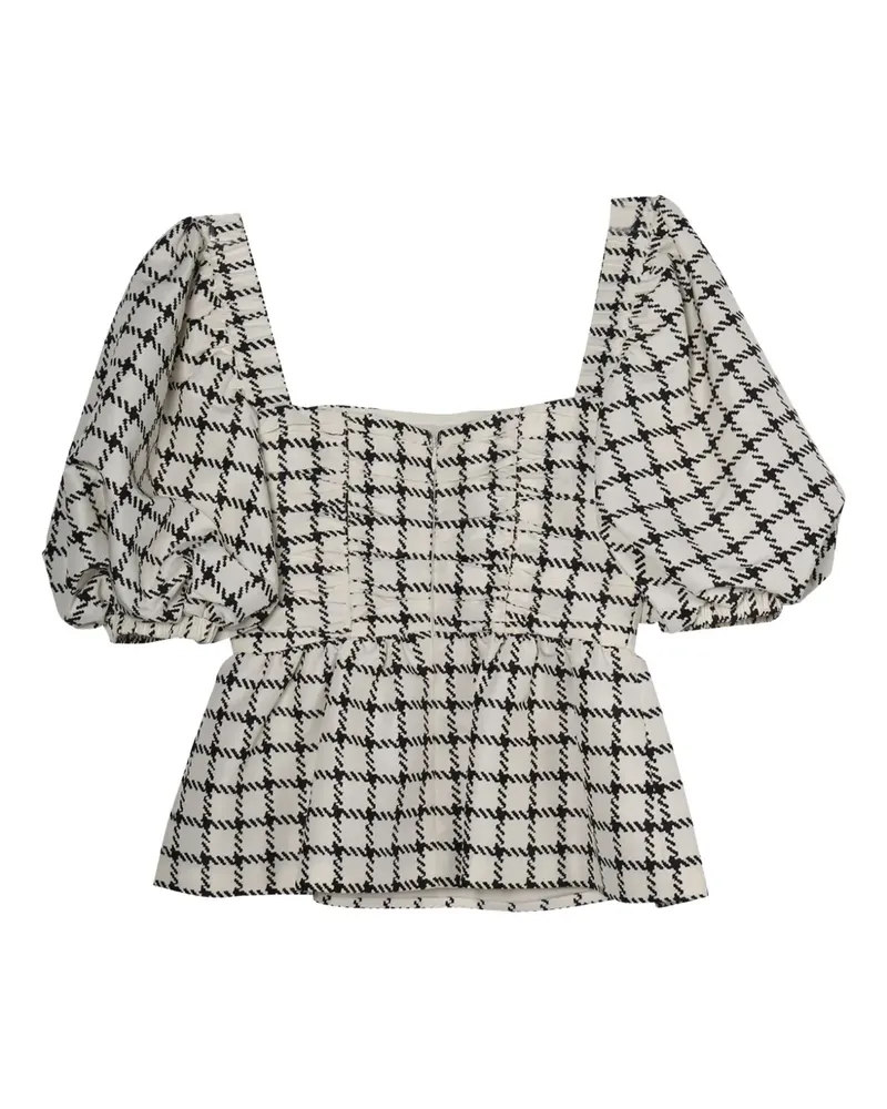 Self-Portrait puff-sleeve checked top - Nude Nude
