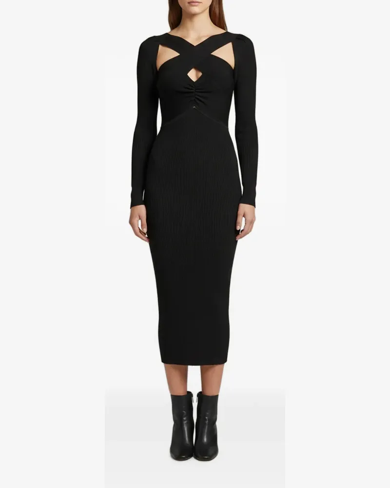 Self-Portrait 2021 cross-strap rib-knit midi dress - Schwarz Schwarz