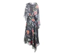 Asymmetrisches Midikleid mit Blumen-Print - Schwarz