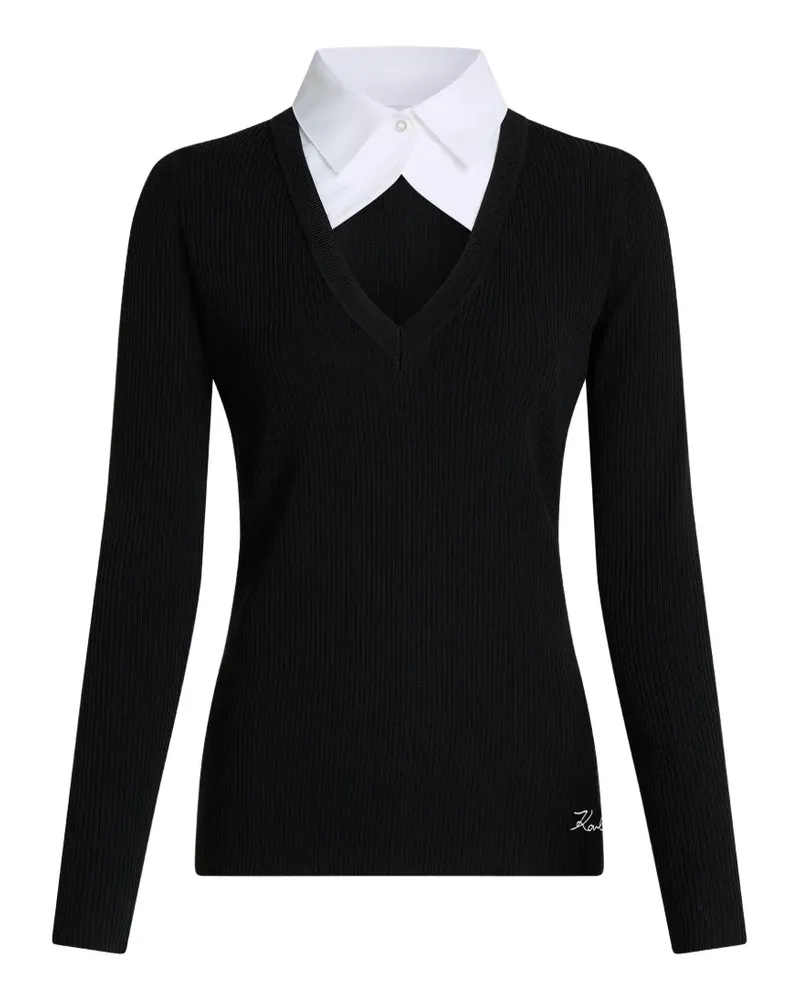 Karl Lagerfeld contrast-collar ribbed-knit polo top - Schwarz Schwarz