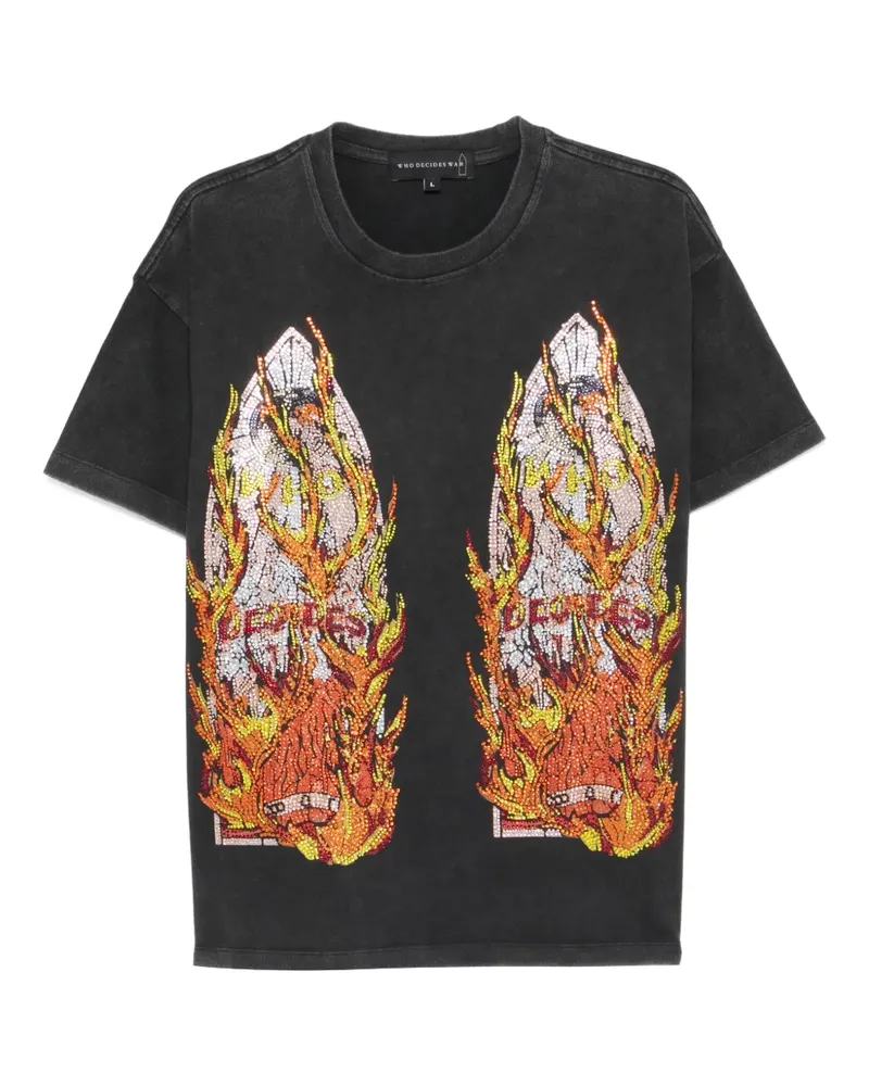 WHO DECIDES WAR rhinestone flame T-shirt - Schwarz Schwarz
