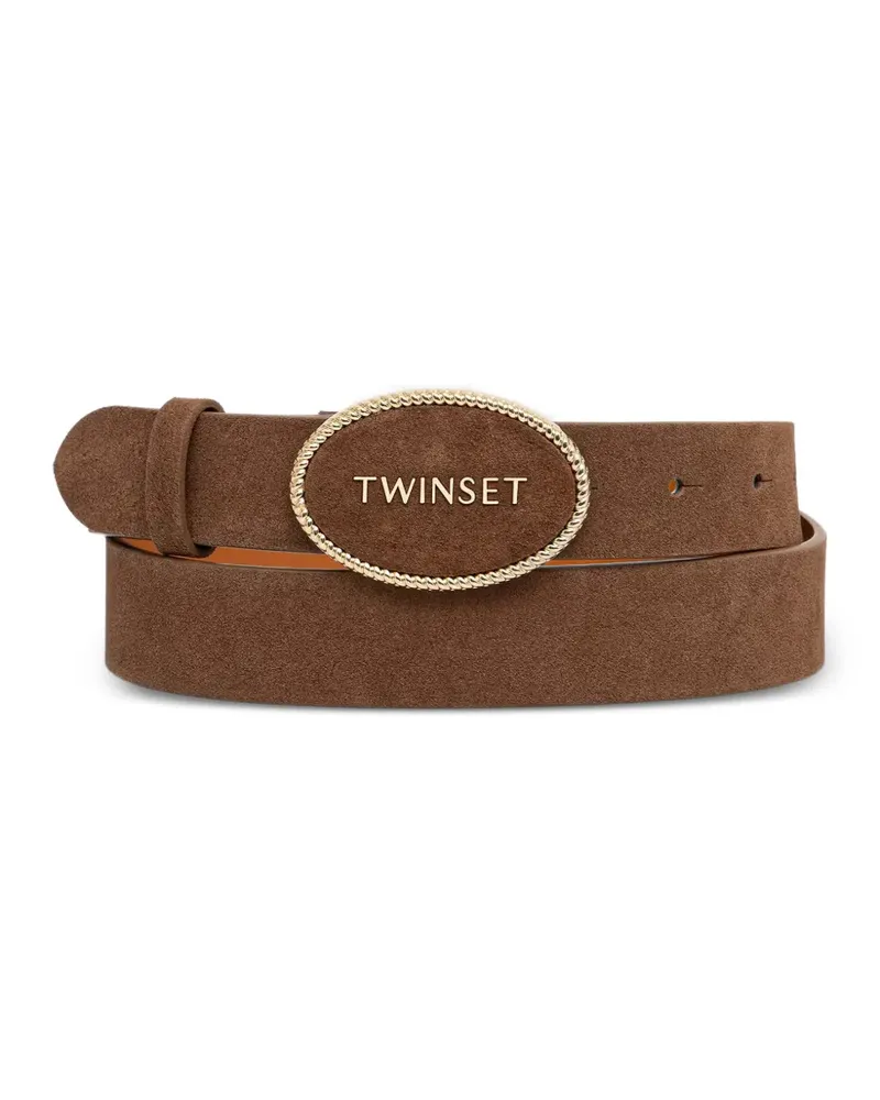 Twin-Set Wildledergürtel mit Logo-Schild - Braun Braun