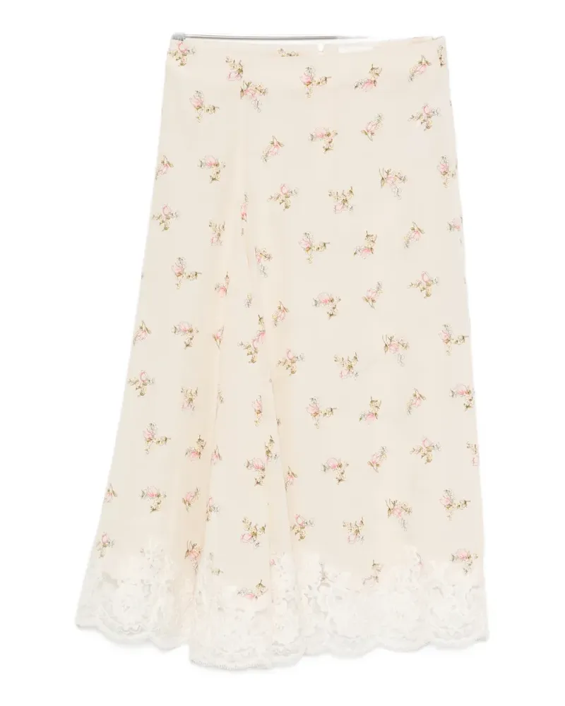 P.A.R.O.S.H. Spano floral-print lace-trim midi skirt - Nude Nude