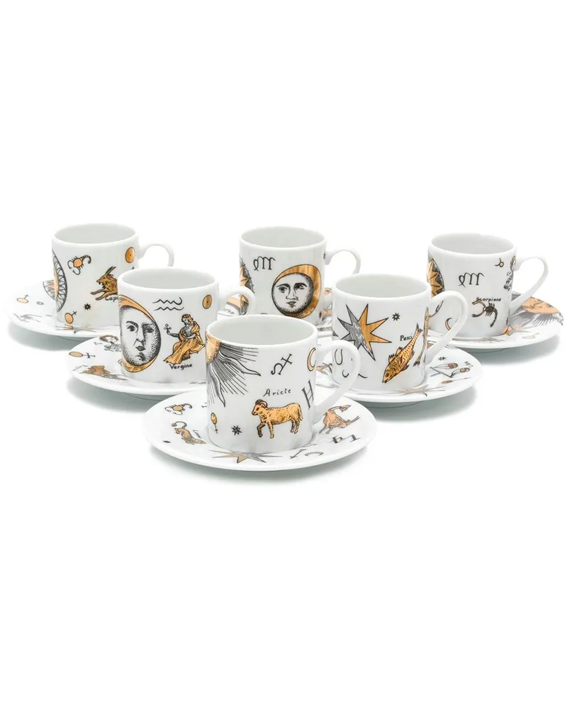 Fornasetti Set aus sechs Espresso-Tassen Weiß