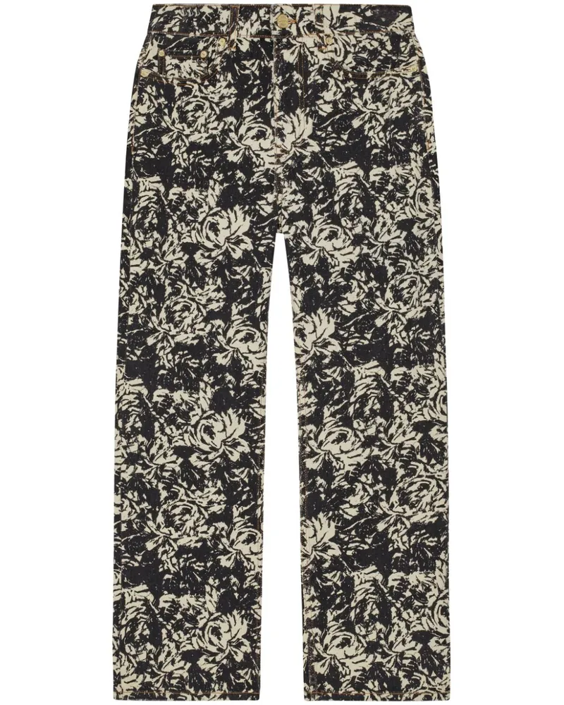 Ganni Schlagjeans mit Blumen-Print Schwarz