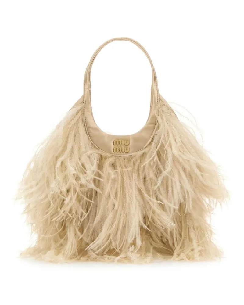 Miu Miu Satin-Handtasche mit Federdetail - Nude Nude