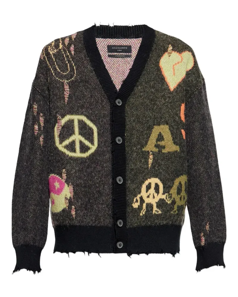 AllSaints Ausgefranster Cardigan mit Print - Schwarz Schwarz