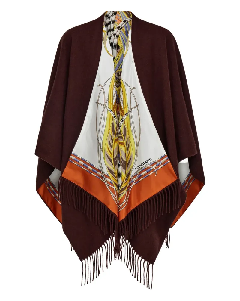 Ferragamo Rooster-print fringed reversible poncho - Braun Braun