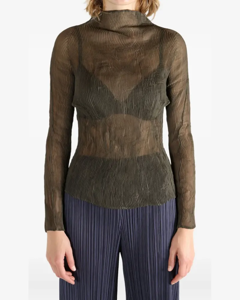 Issey Miyake Chiffon Twist 1 pleated high-neck sheer top - Braun Braun