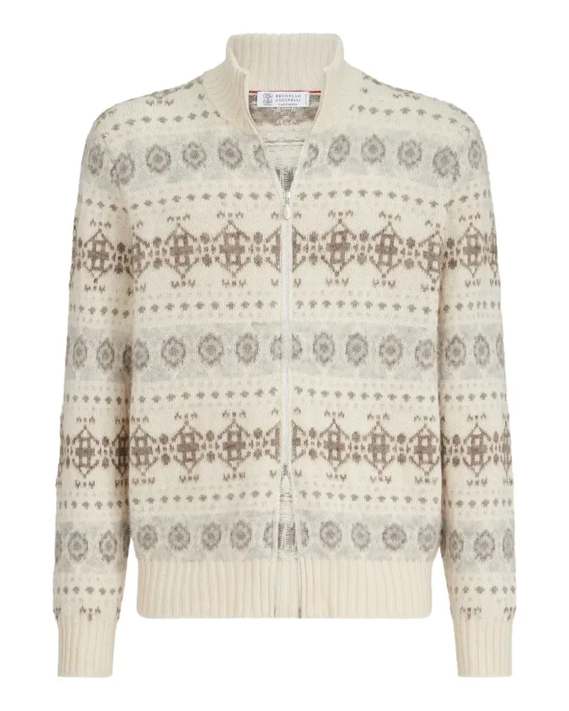 Brunello Cucinelli cashmere jacquard high-neck cardigan with zipper - Nude Nude