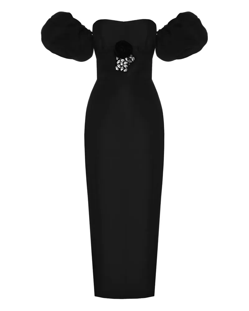 ANOUKI Schulterfreies Midikleid mit Puffärmeln - Schwarz Schwarz