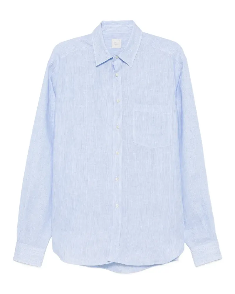 120% Lino vertical-stripe chest-pocket shirt - Blau Blau