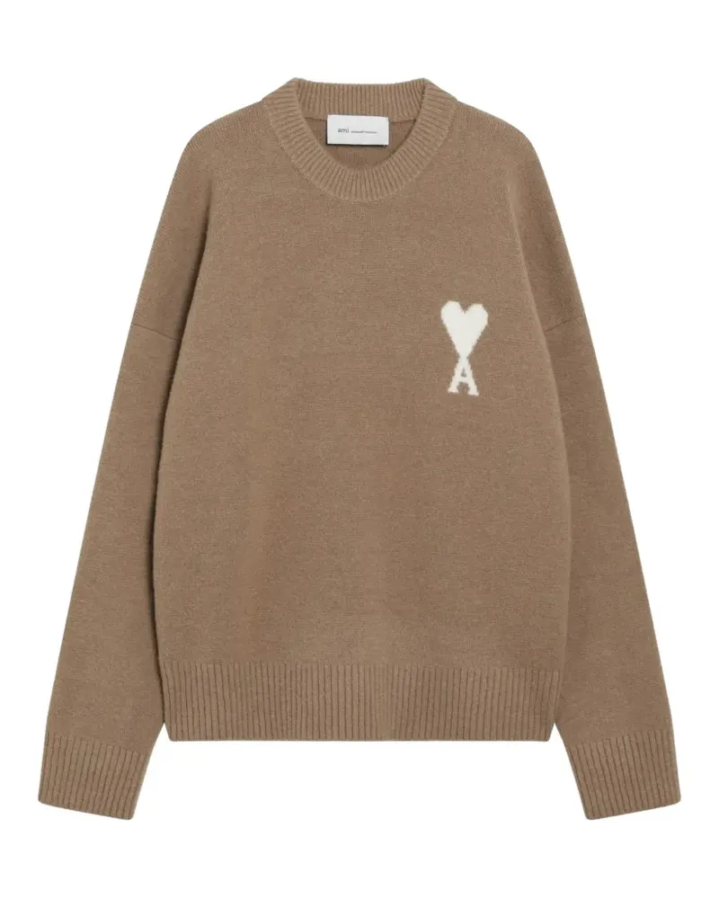 AMI Paris beige crewneck alpaca sweater with Ami de Coeur - Braun Braun