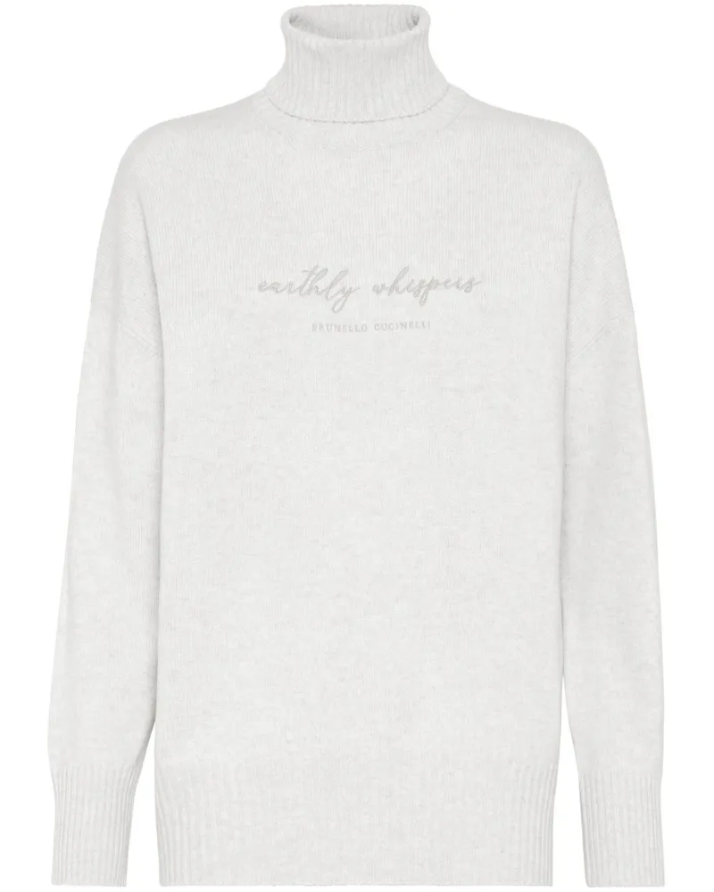 Brunello Cucinelli Rollkragenpullover mit Stickerei - Weiß Weiß