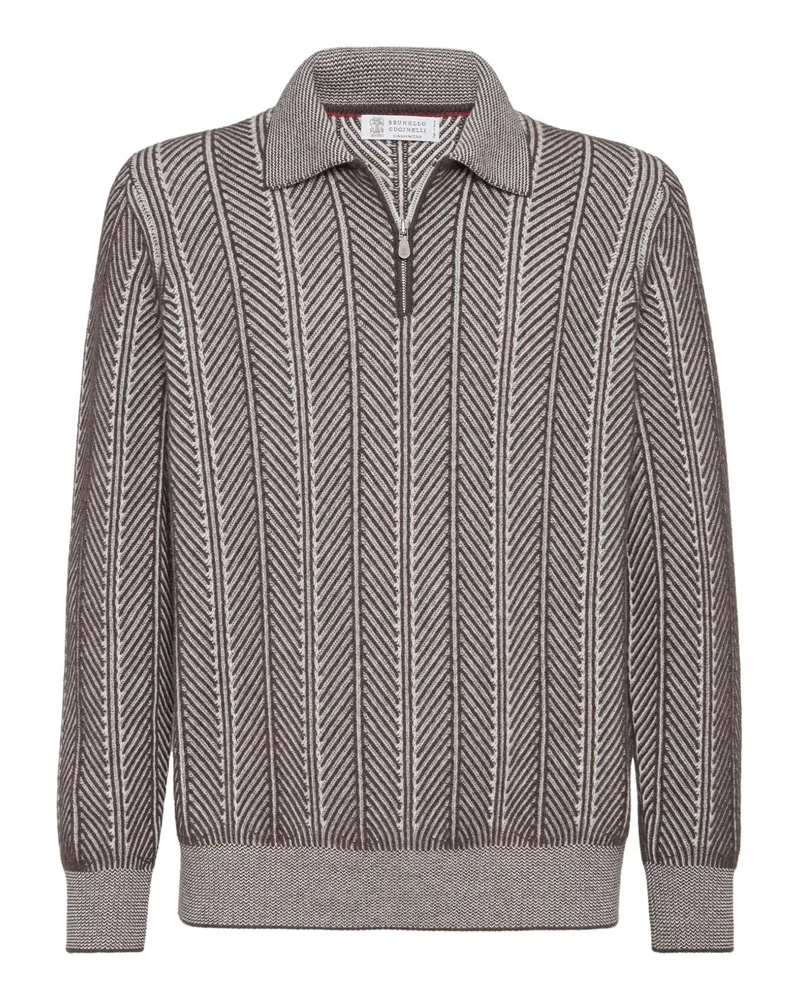 Brunello Cucinelli Reißverschluss-Poloshirt mit Fischgrätenmuster - Braun Braun