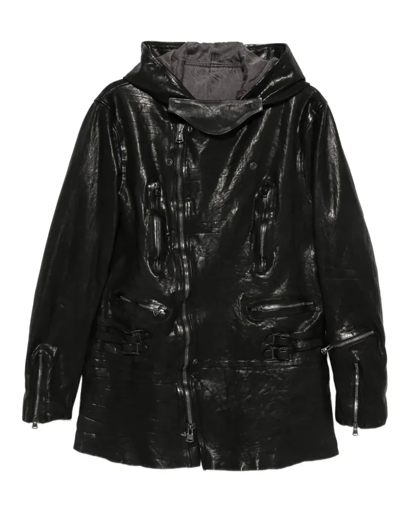 Yohji Yamamoto hooded crinkled leather coat - Schwarz Schwarz