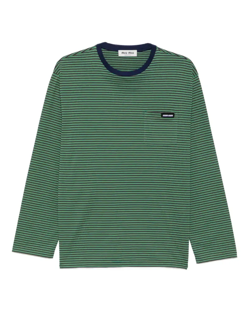 Miu Miu Gestreiftes T-Shirt mit Stickerei - Grün Grün