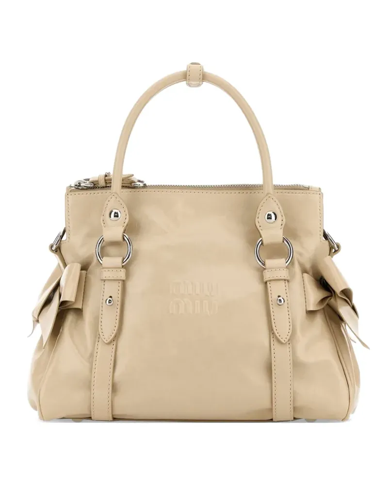 Miu Miu bow-detail logo-embossed leather tote bag - Nude Nude