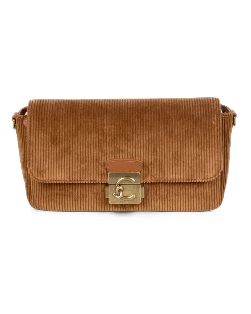 Coccinelle Mittelgroße C-Me Lock Schultertasche aus Cord mit Logoplakette - Braun Braun