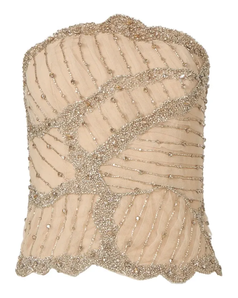 COSTARELLOS Fiori crystal-embellished silk georgette bustier top - Nude Nude