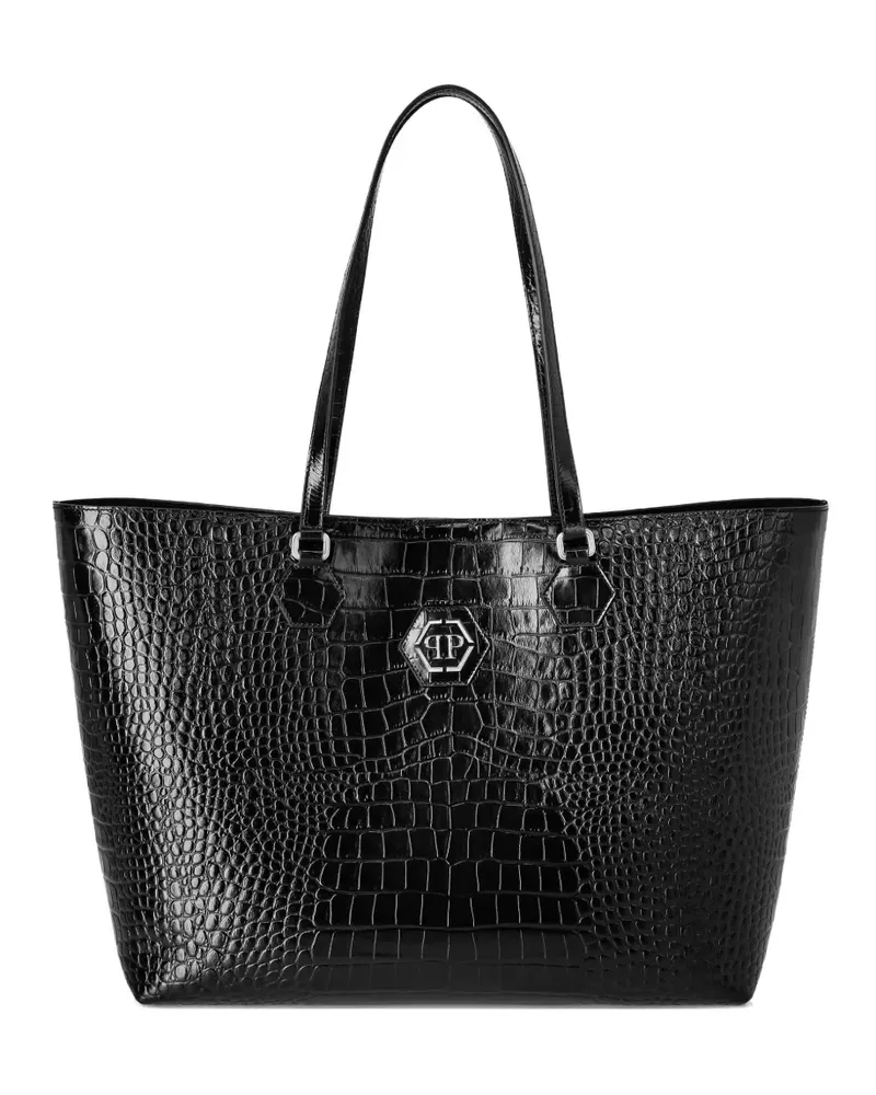Philipp Plein Crystal Skull Tote Bag mit Kroko-Print - Schwarz Schwarz