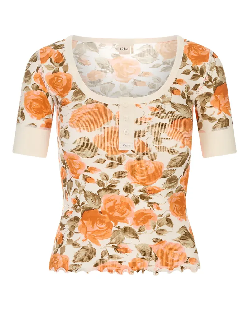 Chloé floral-print ribbed-knit t-shirt - Nude Nude