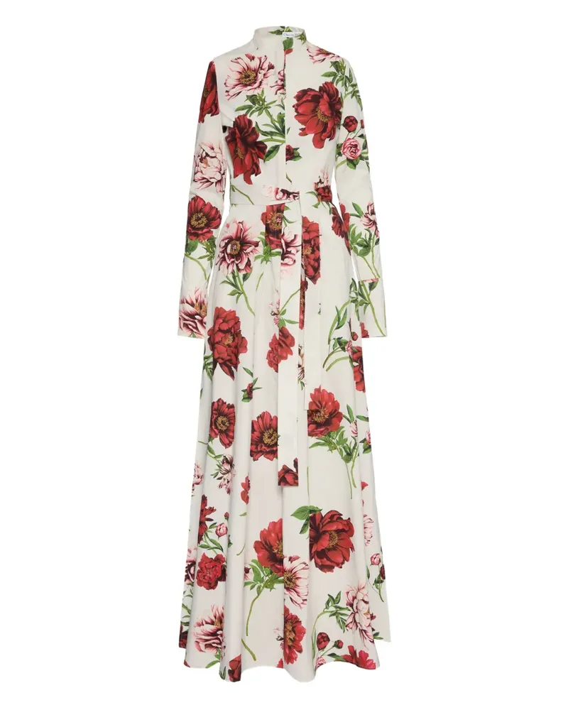 Oscar de la Renta Gürtel-Maxikleid mit Pfingstrosen-Print - Weiß Weiß