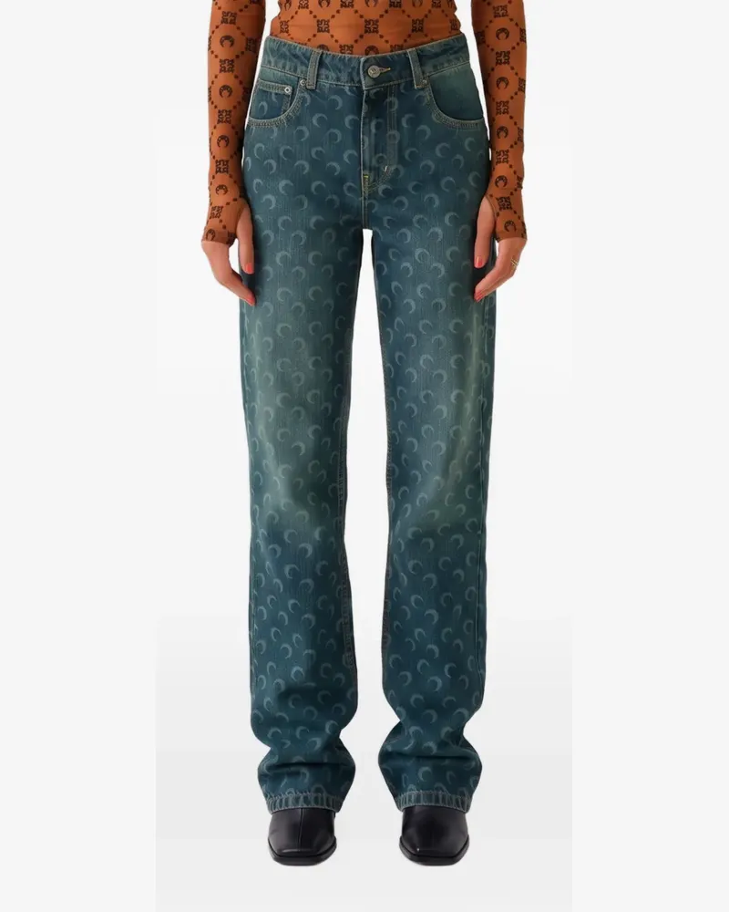 Marine Serre Moon laser dark blue wash denim straight jeans - Blau Blau